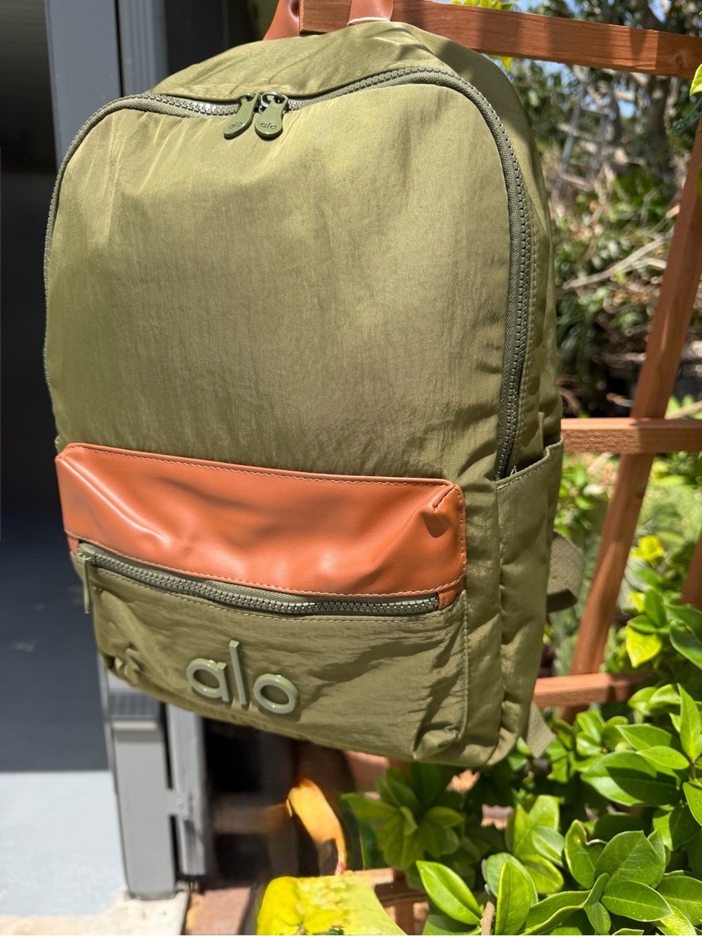 ALO Yoga Olive Green Backpack with Tan Pocket Accent - Picture 9 of 13